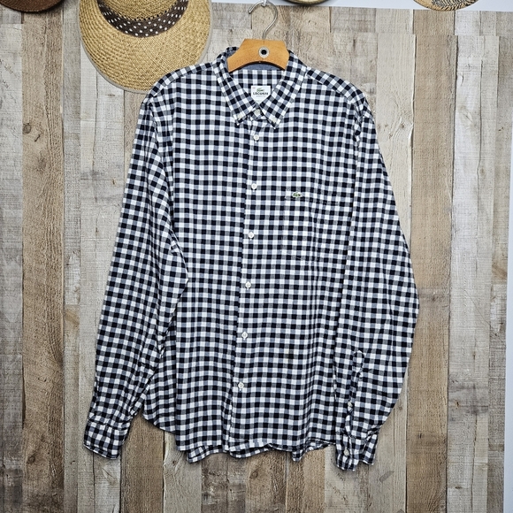 Lacoste Other - Lacoste Button Up Long Sleeve Gingham Classic Fit Poplin Shirt Sze 44 Blue White